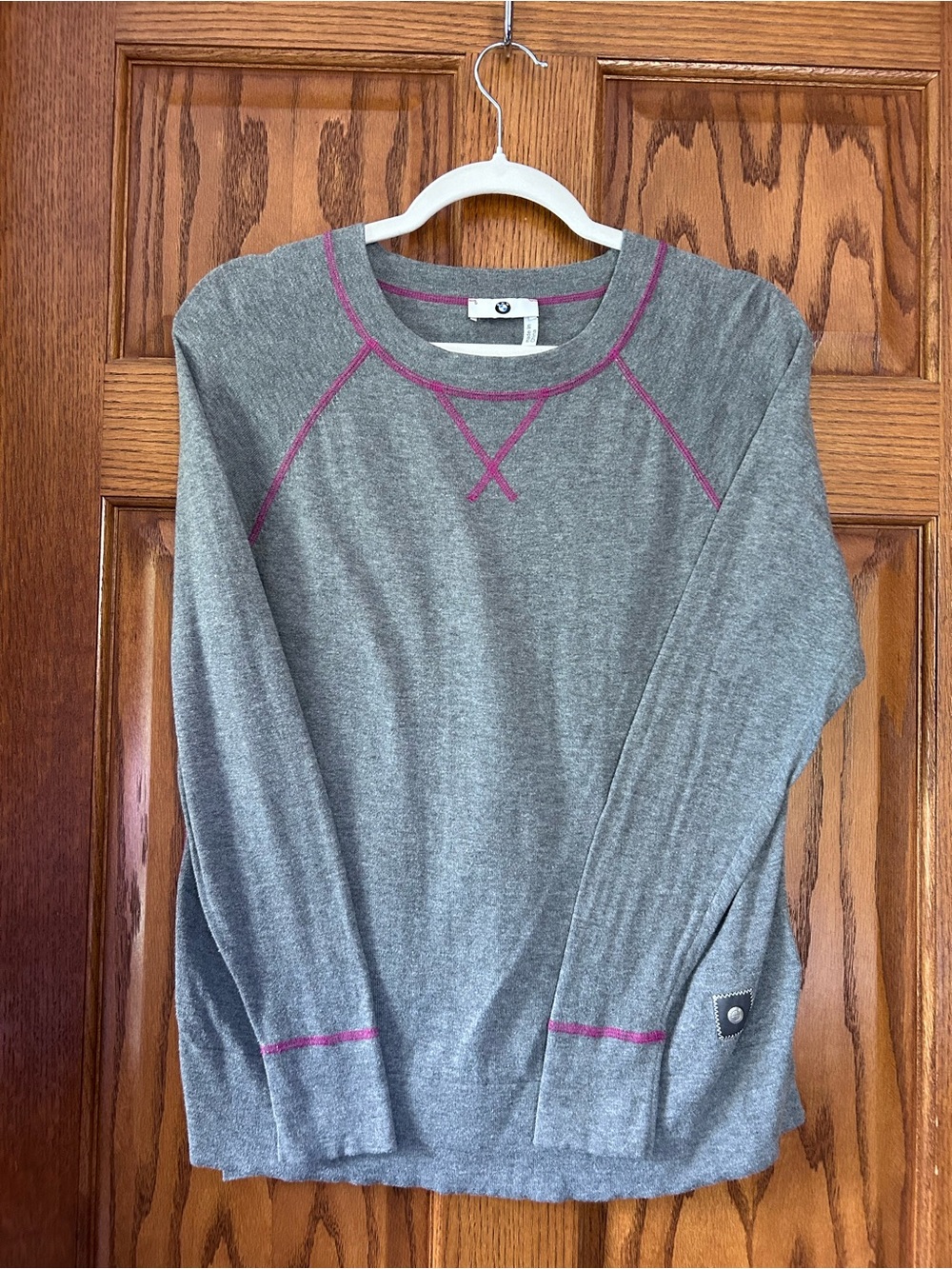 BMW Gray Crewneck Sweater with Pink Trim